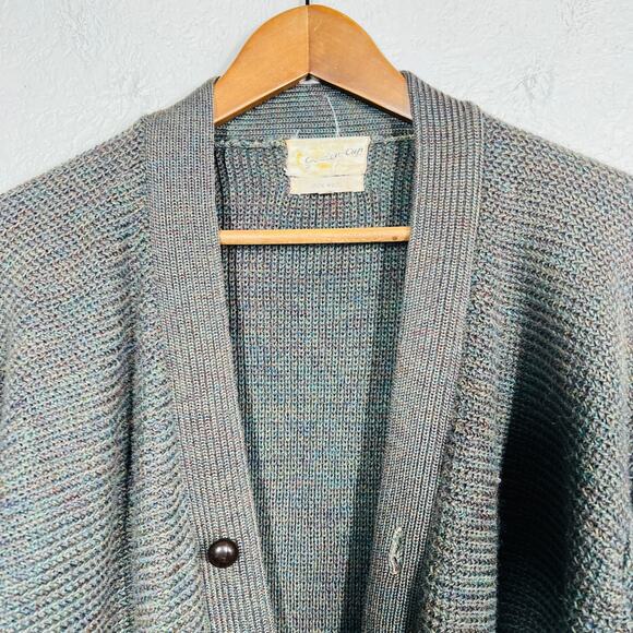 Vintage 70s Golden Cup Academic 100% Wool Cardigan Sweater Knit Pockets - XL - Picture 2 of 9